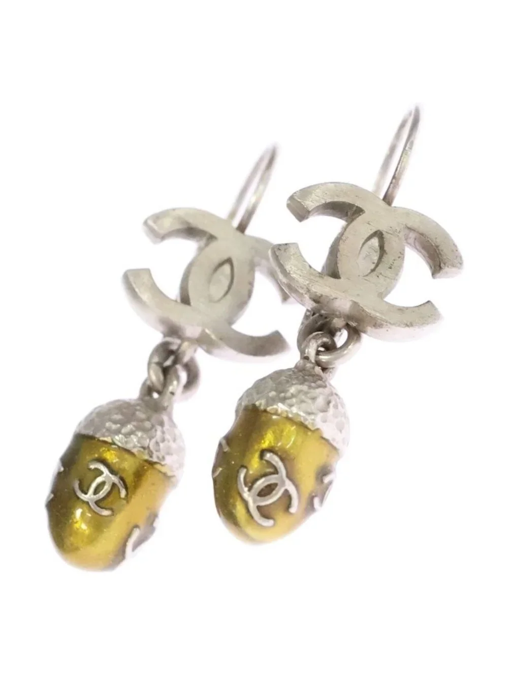 Chanel CC Logo Acorn Motif Earrings Silver Yellow